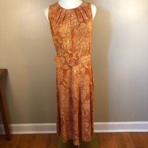 London Times Burnt Orange Floral Sleeveless Midi Dress with Matching Belt Size 8